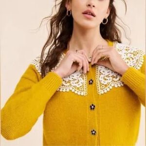 MAEVE Anthropologie Yellow Crochet Collar Sweater size small
